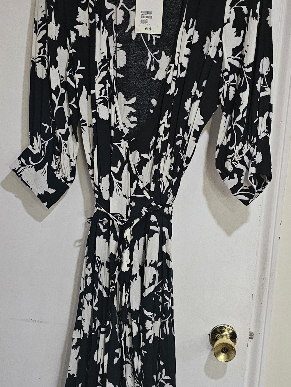 Johanna Ortiz Black and White Floral Wrap Dress with Puff Sleeves